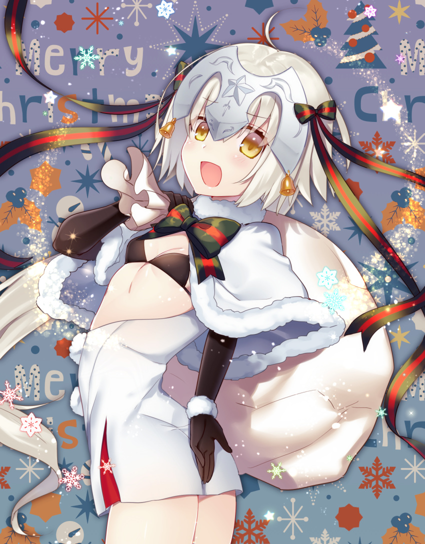 1girl :d ahoge arched_back bangs bell bikini_top black_bikini_top black_gloves bow breasts cape capelet commentary_request cowboy_shot dress elbow_gloves eyebrows_visible_through_hair fate/grand_order fate_(series) flat_chest from_side fur-trimmed_capelet fur_collar fur_trim gloves hair_between_eyes hair_bow headpiece highres holding holding_sack jeanne_alter jeanne_alter_(santa_lily)_(fate) kisaragi_saki long_hair looking_at_viewer looking_to_the_side merry_christmas open_mouth ribbon ruler_(fate/apocrypha) sack short_dress short_hair sidelocks silver_hair small_breasts smile snowflake_print snowflakes solo striped striped_bow striped_ribbon white_cape white_dress yellow_eyes