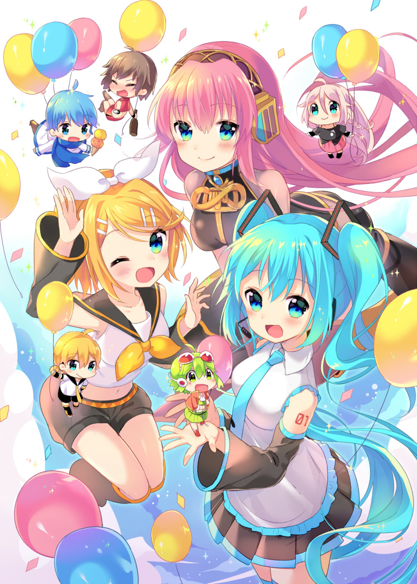 2boys 6+girls :d ;d ahoge arm_up balloon bangs black_legwear black_shirt black_shorts black_skirt blonde_hair blue_eyes blue_hair blue_neckwear blue_scarf blush braid breasts brown_hair brown_legwear brown_pants chibi closed_mouth collarbone commentary_request confetti crop_top detached_sleeves double_scoop eyebrows_visible_through_hair frilled_shirt frills goggles goggles_on_head green_eyes green_hair green_shirt green_skirt grey_shirt gumi hair_between_eyes hair_ornament hair_ribbon hairclip hatsune_miku headphones headset highres holding holding_balloon ia_(vocaloid) ikari_(aor3507) jacket kagamine_len kagamine_rin kaito kneehighs long_hair long_sleeves looking_at_viewer medium_breasts megurine_luka meiko midriff multiple_boys multiple_girls navel neckerchief necktie nose_blush off-shoulder_shirt one_eye_closed open_mouth orange_belt pants pink_hair pink_skirt pleated_skirt red_jacket red_shirt red_skirt ribbon sailor_collar sailor_shirt scarf shirt shirt_straps short_hair short_shorts shorts skirt sleeveless sleeveless_shirt smile sparkle very_long_hair vocaloid white_background white_jacket white_ribbon white_shirt wide_sleeves yellow_neckwear