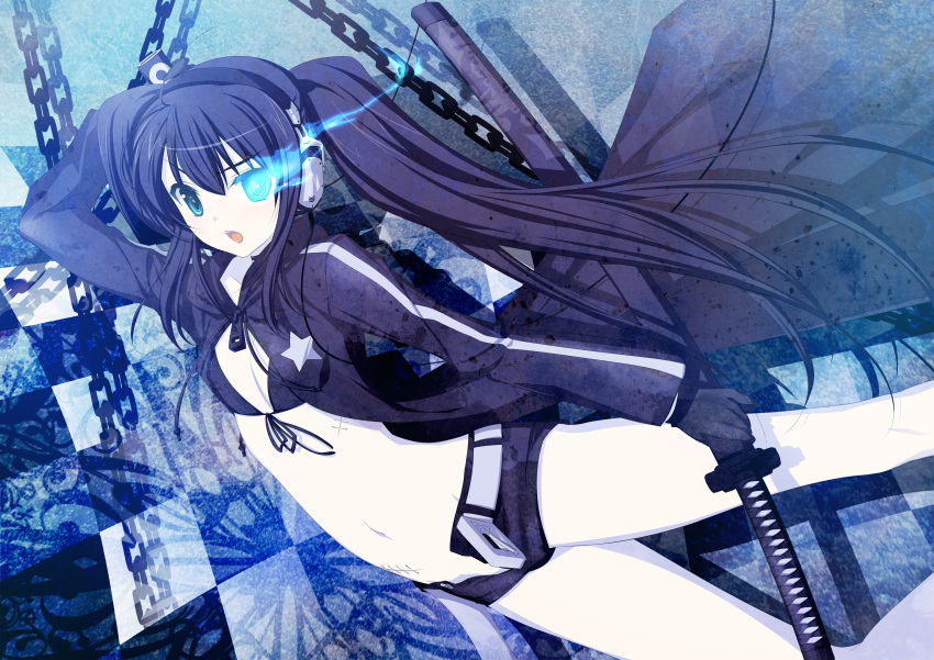 1girl 47agdragon absurdres bangs bikini_shorts bikini_top black_bikini_top black_hair black_rock_shooter black_rock_shooter_(character) blue_eyes burning_eye cable chains checkered headphones highres long_hair long_sleeves looking_at_viewer midriff navel open_mouth revision scar short_shorts shorts solo sword twintails v-moda very_long_hair weapon white_skin