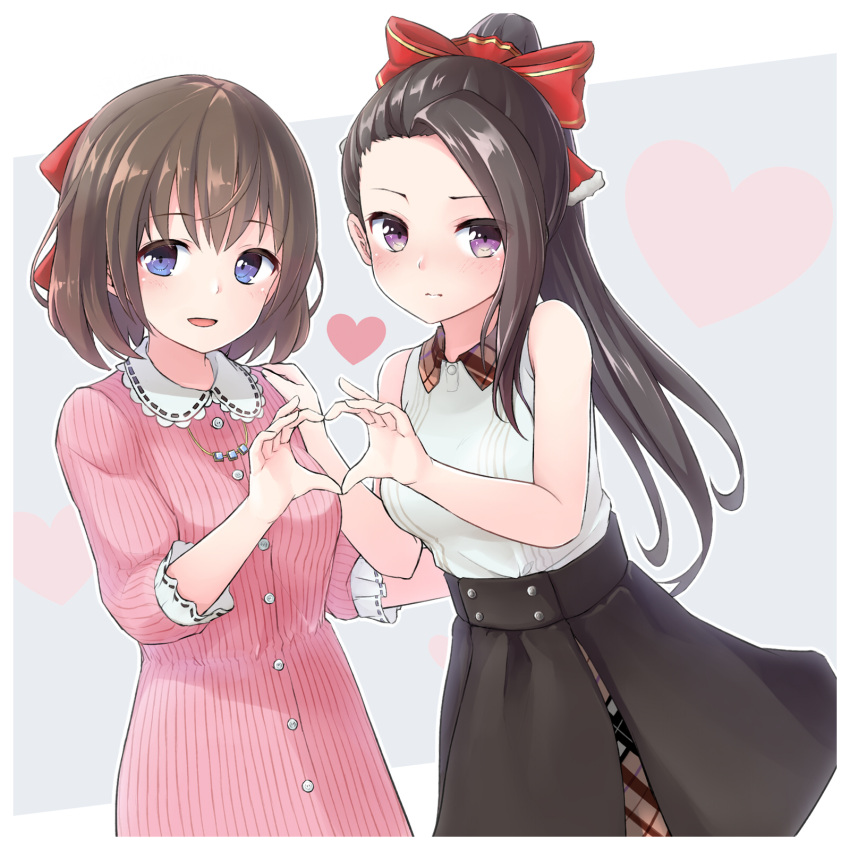 2girls :d alternative_girls bangs black_hair black_skirt blue_eyes bow brown_hair buttons closed_mouth cowboy_shot dress eyebrows_visible_through_hair forehead grey_background hair_bow hand_on_another's_shoulder heart heart_background heart_hands heart_hands_duo highres jewelry light_frown long_hair looking_at_viewer momotomimi multiple_girls necklace open_mouth pink_dress ponytail red_bow ribbon-trimmed_sleeves ribbon_trim shirt short_hair skirt sleeveless sleeveless_shirt smile standing striped tareme vertical-striped_dress vertical_stripes violet_eyes white_shirt