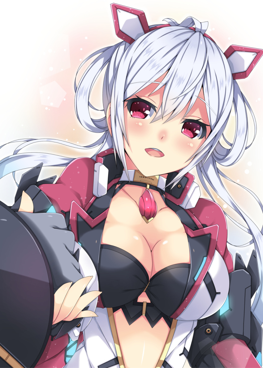 1girl :d ahoge black_bra blush bra breasts cleavage collarbone eyebrows_visible_through_hair floating_hair gloves grey_gloves hair_between_eyes hairband hand_holding highres jewelry long_hair looking_at_viewer matoi_(pso2) medium_breasts milkpanda necklace open_mouth phantasy_star phantasy_star_online_2 red_eyes red_hairband shiny shiny_skin silver_hair smile underwear