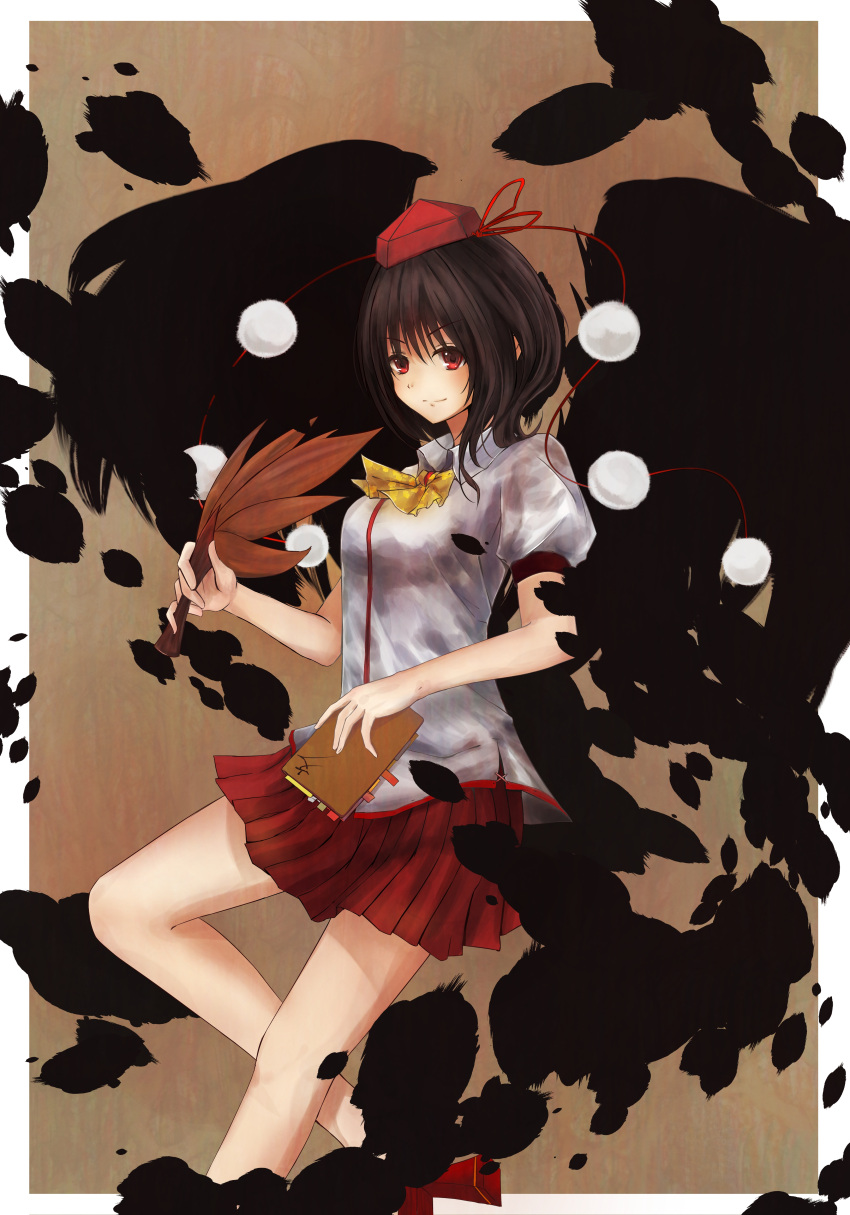 1girl absurdres ase_tou_mi_kaameru bangs book breasts brown_hair closed_mouth collared_shirt eyebrows_visible_through_hair fan feet_out_of_frame grey_shirt hair_between_eyes hat hauchiwa highres holding holding_book looking_at_viewer medium_breasts pleated_skirt puffy_short_sleeves puffy_sleeves red_eyes red_skirt revision shameimaru_aya shirt short_hair short_sleeves skirt smile solo tokin_hat touhou v-shaped_eyebrows wings