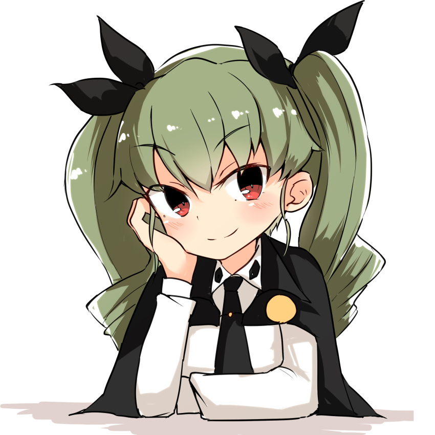 1girl anchovy anzio_school_uniform bangs barashiya black_cape black_neckwear black_ribbon cape chin_rest closed_mouth dress_shirt drill_hair eyebrows_visible_through_hair girls_und_panzer green_hair hair_ribbon hand_on_own_face highres long_hair long_sleeves looking_at_viewer necktie portrait red_eyes ribbon school_uniform shirt smile solo twin_drills twintails white_shirt