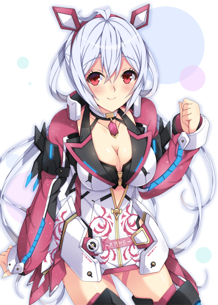 1girl ahoge black_bra blush bra breasts cleavage collarbone eyebrows_visible_through_hair floating_hair hair_between_eyes hairband highres jewelry large_breasts long_hair looking_at_viewer matoi_(pso2) milkpanda necklace partially_unzipped phantasy_star phantasy_star_online_2 red_eyes red_hairband silver_hair sitting smile solo twintails underwear very_long_hair white_background
