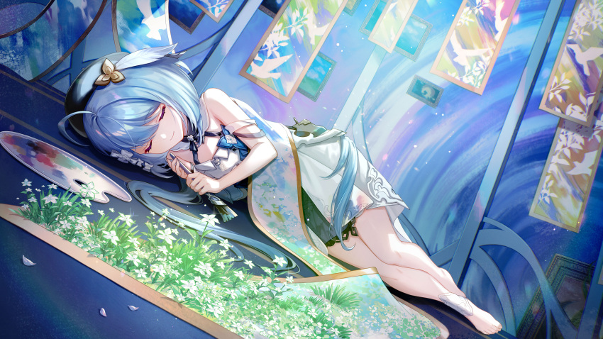 1girl absurdres ahoge amaichi_esora bangs bare_shoulders barefoot beret blue_hair closed_eyes closed_mouth dress flower full_body grass griseo hat highres holding holding_brush honkai_(series) honkai_impact_3rd long_hair lying on_side palette_(object) portrait second-party_source sleeping sleeveless sleeveless_dress smile solo toes white_dress white_flower