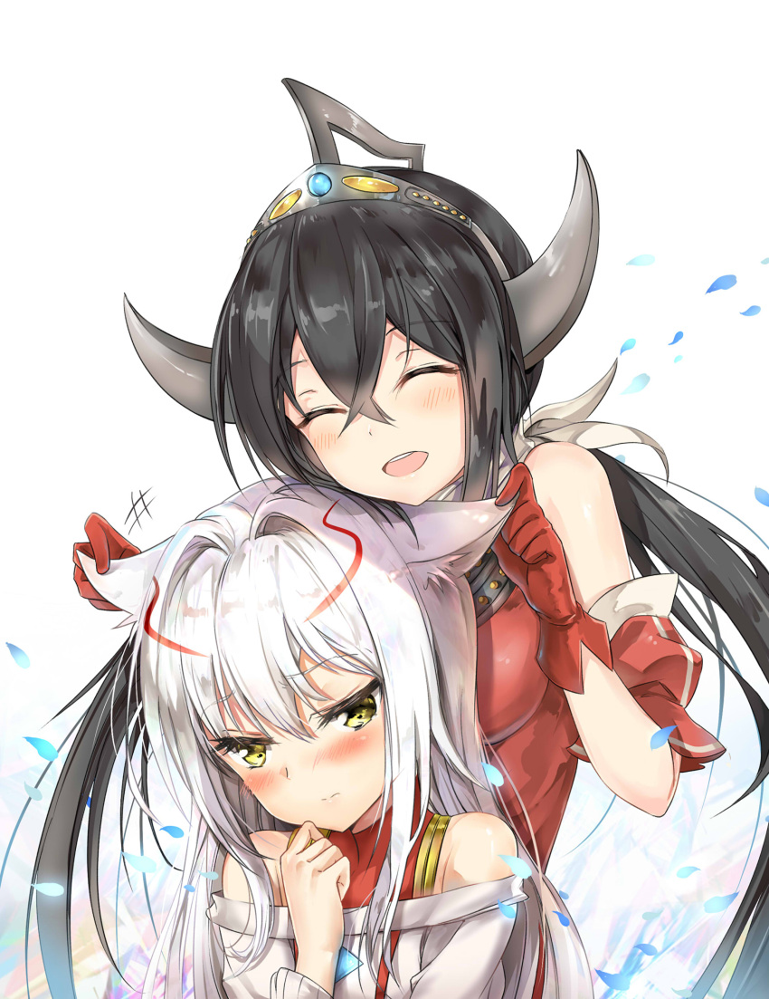 2girls ^_^ ^o^ animal_ears bad_id bad_pixiv_id bangs bare_shoulders behind_another black_hair blush cat_ears check_commentary closed_eyes closed_mouth commentary_request detached_sleeves embarrassed eyebrows_visible_through_hair furrowed_eyebrows genderswap genderswap_(mtf) gloves grey_shirt hair_between_eyes hair_intakes hair_ribbon hand_up headgear highres horns long_hair long_sleeves looking_at_viewer low_twintails multicolored_hair multiple_girls off-shoulder_shirt personification petals playing_with_another's_ears red_gloves red_shirt ribbon shiny shiny_hair shirt sidelocks silver_hair sleeveless sleeveless_shirt streaked_hair taro_(ultrataro) tsurime turtleneck twintails ultra_series ultraman_mebius ultraman_mebius_(series) ultraman_tarou ultraman_tarou_(series) upper_body white_background white_ribbon yellow_eyes