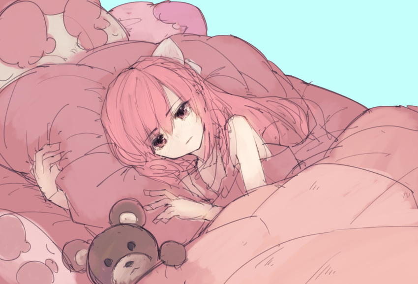 1girl bed bed_sheet bow highres holding holding_pillow long_hair lying on_bed on_side pillow pink pink_eyes pink_hair rin_(shelter) riuichi shelter_(music_video) solo stuffed_animal stuffed_toy teddy_bear