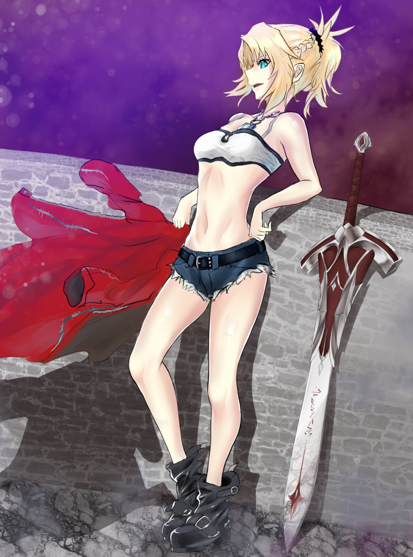 1girl abs absurdres artist_request blonde_hair boots bread breasts clarent cutoffs denim denim_shorts fate/apocrypha fate/grand_order fate_(series) food green_eyes groin highres holding_jacket jacket jacket_removed looking_at_another medium_breasts navel necktie saber_of_red shadow shorts sketch solo stone_wall sword thighs wall weapon