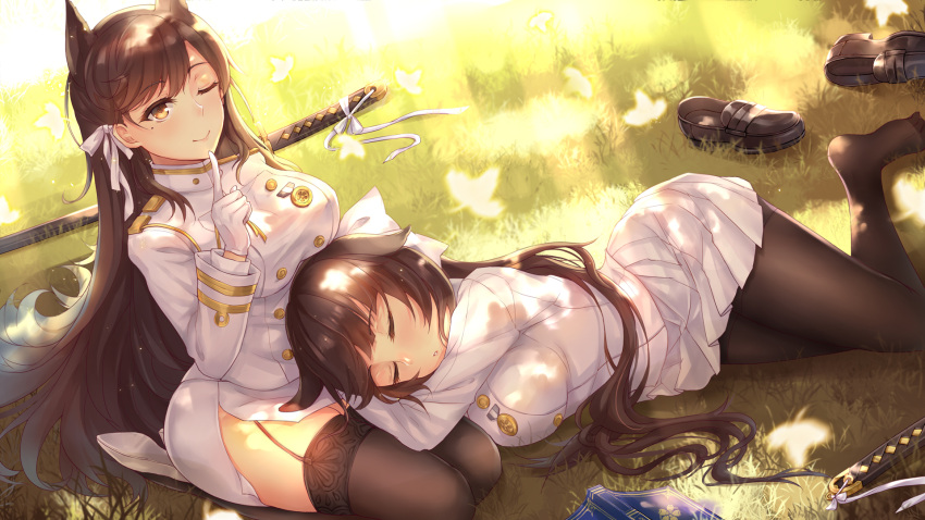 2girls animal_ears atago_(azur_lane) azur_lane bangs black_footwear black_hair black_legwear blush book breasts brown_eyes closed_mouth day eyebrows_visible_through_hair finger_to_mouth garter_straps grass hand_up high_heels highres index_finger_raised katana large_breasts legs_together light_rays loafers long_hair military military_uniform mole mole_under_eye multiple_girls outdoors pantyhose pleated_skirt ponytail seiza sheath sheathed shoes shoes_removed shushing sitting skirt sleeping smile sunbeam sunlight swept_bangs sword takao_(azur_lane) thigh-highs uniform very_long_hair weapon white_skirt yuemanhuaikong