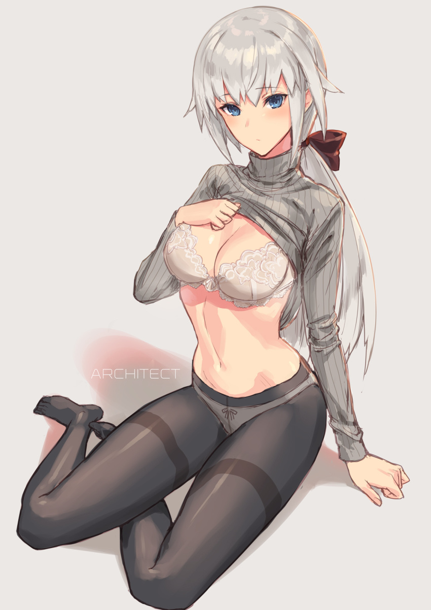 1girl :/ architect arm_support bangs black_legwear blue_eyes blush bow bra breasts cleavage closed_mouth clothes_lift frame_arms_girl full_body hair_between_eyes hair_bow highres large_breasts long_hair long_sleeves looking_at_viewer low_ponytail midriff navel panties panties_under_pantyhose pantyhose ribbed_sweater sigm@ silver_hair sitting solo stomach sweater sweater_lift thighband_pantyhose underwear very_long_hair white_bra yokozuwari