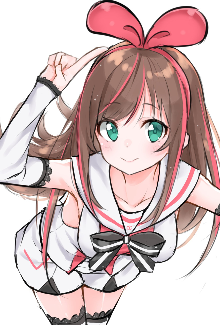 1girl a.i._channel arm_warmers armpits arms_up bow breasts brown_hair closed_mouth collarbone commentary_request eyebrows_visible_through_hair green_eyes hair_bow hairband hand_up hashiko_no_woto highres kizuna_ai leaning_forward long_hair looking_at_viewer medium_breasts multicolored_hair pink_bow pink_hair pink_hairband pointing pointing_up sailor_collar shirt short_shorts shorts simple_background sleeveless sleeveless_shirt smile solo streaked_hair tareme thigh-highs two-tone_hair white_background white_legwear