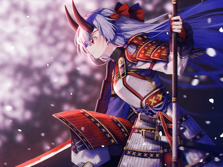 1girl armor bangs blurry closed_mouth day depth_of_field fate/grand_order fate_(series) floating_hair from_side hachimaki hakusai_(tiahszld) headband holding holding_sword holding_weapon horns japanese_armor japanese_clothes katana kneeling kusazuri long_hair long_sleeves one_knee outdoors petals profile red_eyes sidelocks silver_hair sode solo sword tomoe_gozen_(fate/grand_order) unsheathed very_long_hair weapon