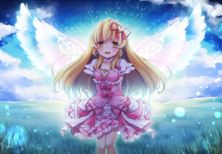 1girl :d aikatsu! arm_behind_back backlighting blonde_hair blush bow brown_eyes chiyonekoko choker clouds collarbone commentary_request dress earrings eyebrows_visible_through_hair frilled_choker frilled_dress frills grass hair_ornament head_tilt heart heart_earrings heart_hair_ornament hoshimiya_ichigo jewelry lens_flare long_hair looking_at_viewer open_mouth outdoors pink_dress short_sleeves sky smile solo standing transparent_wings white_wings wings