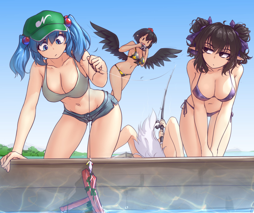 4girls alternate_hairstyle bait bare_arms bare_legs bare_shoulders bikini bikini_top black_eyes black_hair black_hat black_wings blue_eyes blue_hair breasts camera cleavage day double_bun erect_nipples feathered_wings fishing fishing_rod flying green_hat hair_bobbles hair_ornament halter_top halterneck hand_up hat hater_(hatater) highres himekaidou_hatate holding horizon inubashiri_momiji kawashiro_nitori kneeling large_breasts looking_to_the_side lying multiple_girls navel outdoors pointy_ears purple_bikini shameimaru_aya short_hair short_shorts shorts side-tie_bikini string_bikini summer swimsuit tail tan tokin_hat touhou two_side_up v_arms water wings wolf_tail