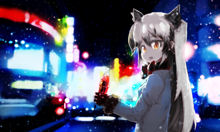 1girl animal_ears blurry bottle brown_eyes city city_lights coat colored_tips depth_of_field eyelashes fox_ears fur_trim glowing grey_hair holding holding_bottle kemono_friends long_hair looking_at_viewer multicolored_hair night open_mouth road silver_fox_(kemono_friends) soda_bottle solo street two-tone_hair upper_body yoshioka_yoshiko