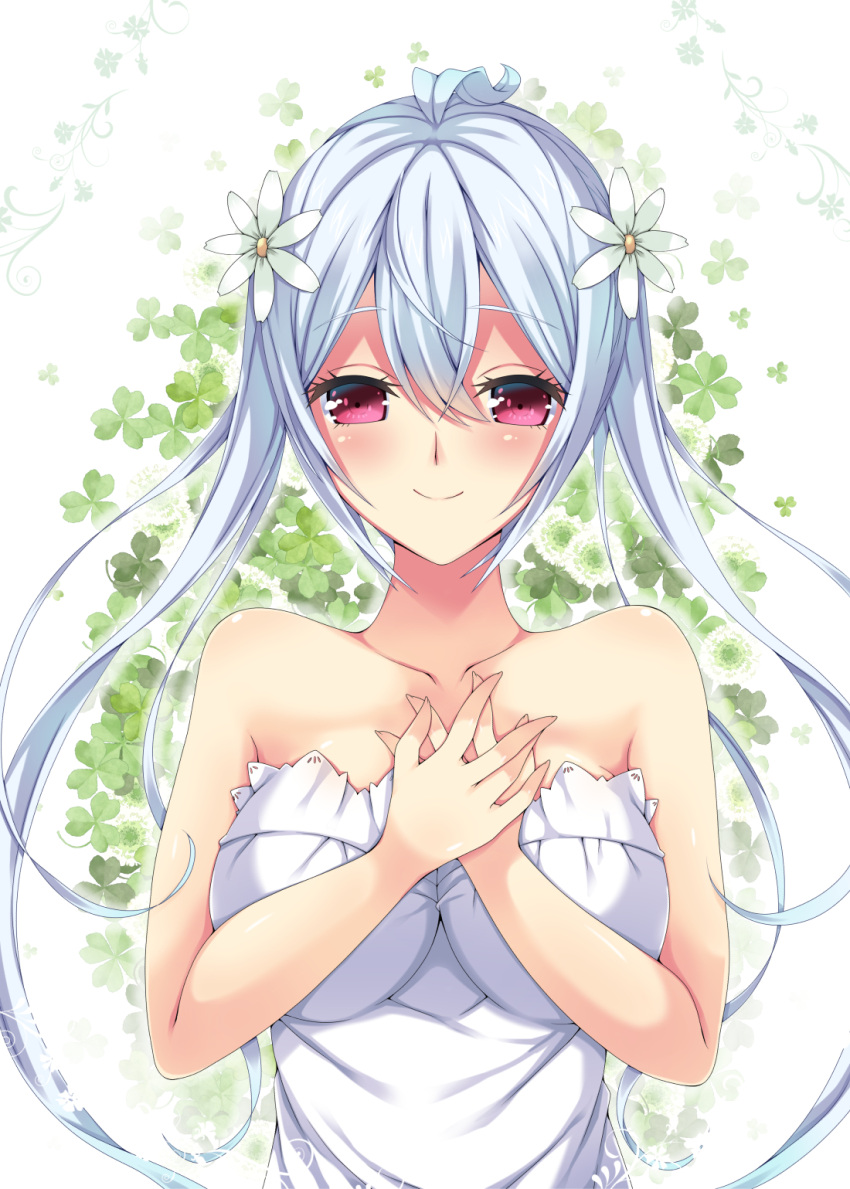1girl ahoge breasts collarbone eyebrows_visible_through_hair floating_hair flower hair_between_eyes hair_flower hair_ornament highres large_breasts long_hair looking_at_viewer matoi_(pso2) milkpanda phantasy_star phantasy_star_online_2 red_eyes silver_hair smile solo strapless twintails upper_body very_long_hair white_background white_flower