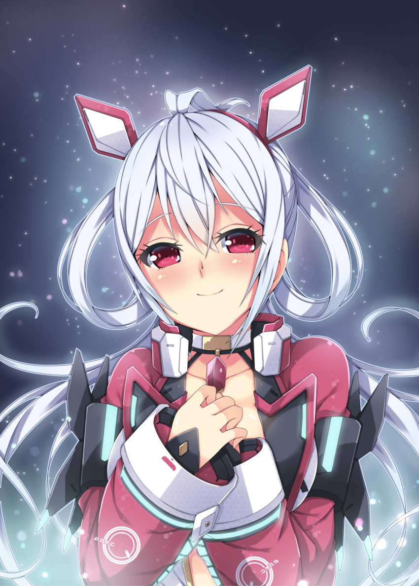 1girl ahoge blush choker collarbone eyebrows_visible_through_hair floating_hair gem hair_between_eyes hairband hat head_tilt highres long_hair looking_at_viewer matoi_(pso2) milkpanda phantasy_star phantasy_star_online_2 red_eyes red_hairband silver_hair smile solo upper_body very_long_hair