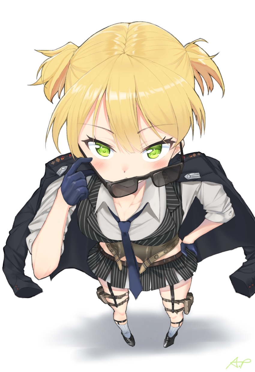 1girl applepie_(12711019) bangs blonde_hair blue_neckwear blush breasts collarbone eyebrows_visible_through_hair from_above full_body girls_frontline glasses gloves green_eyes hair_between_eyes hand_on_hip highres holding_eyewear holster jacket_on_shoulders looking_at_viewer medium_breasts military military_uniform necktie parted_lips shirt short_twintails signature skindentation skirt sleeve_cuffs solo thigh_holster thighs twintails uniform welrod_mk2_(girls_frontline)