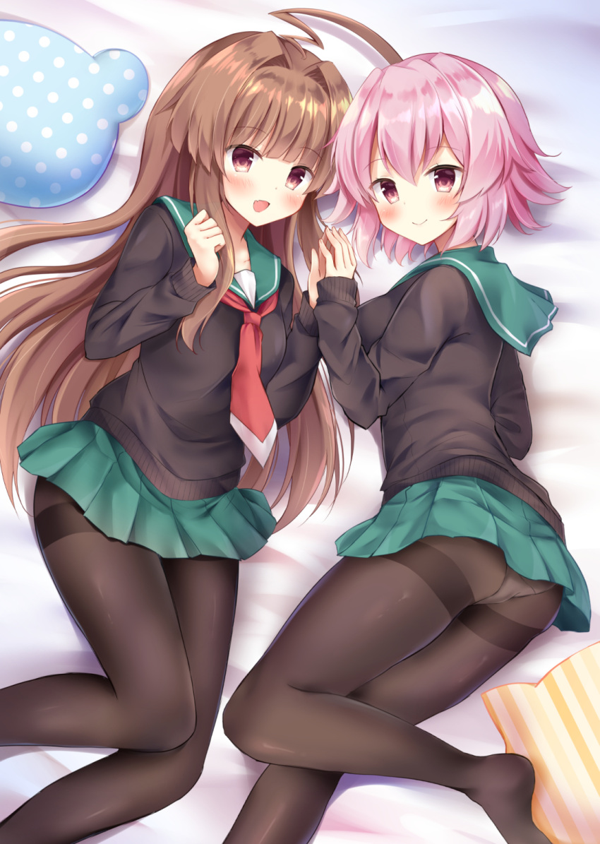 2girls :d ahoge ass bangs bed_sheet black_legwear black_sweater blunt_bangs blush brown_eyes brown_hair commentary_request eyebrows_visible_through_hair fang green_sailor_collar green_skirt hair_between_eyes hair_intakes hands_together highres huge_ahoge kantai_collection kuma_(kantai_collection) long_hair long_sleeves looking_at_viewer lying masayo_(gin_no_ame) miniskirt multiple_girls neckerchief necktie no_shoes on_back on_bed on_side open_mouth panties panties_under_pantyhose pantyhose pantyshot pantyshot_(lying) pillow pink_eyes pink_hair pleated_skirt polka_dot_pillow red_eyes red_neckwear sailor_collar school_uniform serafuku shiny shiny_hair short_hair skirt smile striped striped_pillow sweater tama_(kantai_collection) tareme thighband_pantyhose underwear upskirt very_long_hair