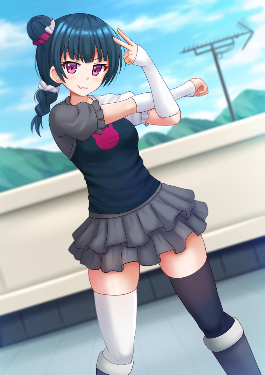 1girl black_legwear blue_hair blurry blurry_background boots braid commentary depth_of_field dutch_angle eyebrows_visible_through_hair grin hair_ornament hair_scrunchie highres kazenokaze knee_boots long_hair looking_at_viewer love_live! love_live!_sunshine!! mismatched_legwear pose scrunchie side_bun skirt smile solo thigh-highs tsushima_yoshiko v v-shaped_eyebrows violet_eyes white_legwear zettai_ryouiki