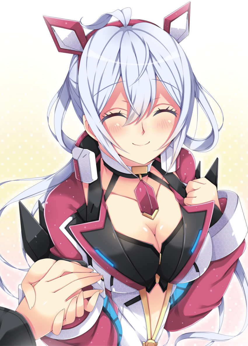 1girl ahoge black_bra blush bra breasts cleavage closed_eyes collarbone eyebrows_visible_through_hair floating_hair hair_between_eyes hairband highres holding_hand jewelry large_breasts long_hair matoi_(pso2) milkpanda necklace phantasy_star phantasy_star_online_2 red_hairband silver_hair simple_background smile underwear upper_body white_background