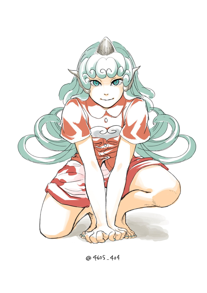 1girl animal_ears bangs bare_legs buttons closed_mouth commentary_request curly_hair full_body green_eyes green_hair green_nails heart highres horn komano_aun long_hair looking_at_viewer nail_polish one_knee red_shirt shiratama_(irodoli) shirt short_sleeves shorts smile solo squatting toenail_polish touhou twitter_username very_long_hair white_shorts