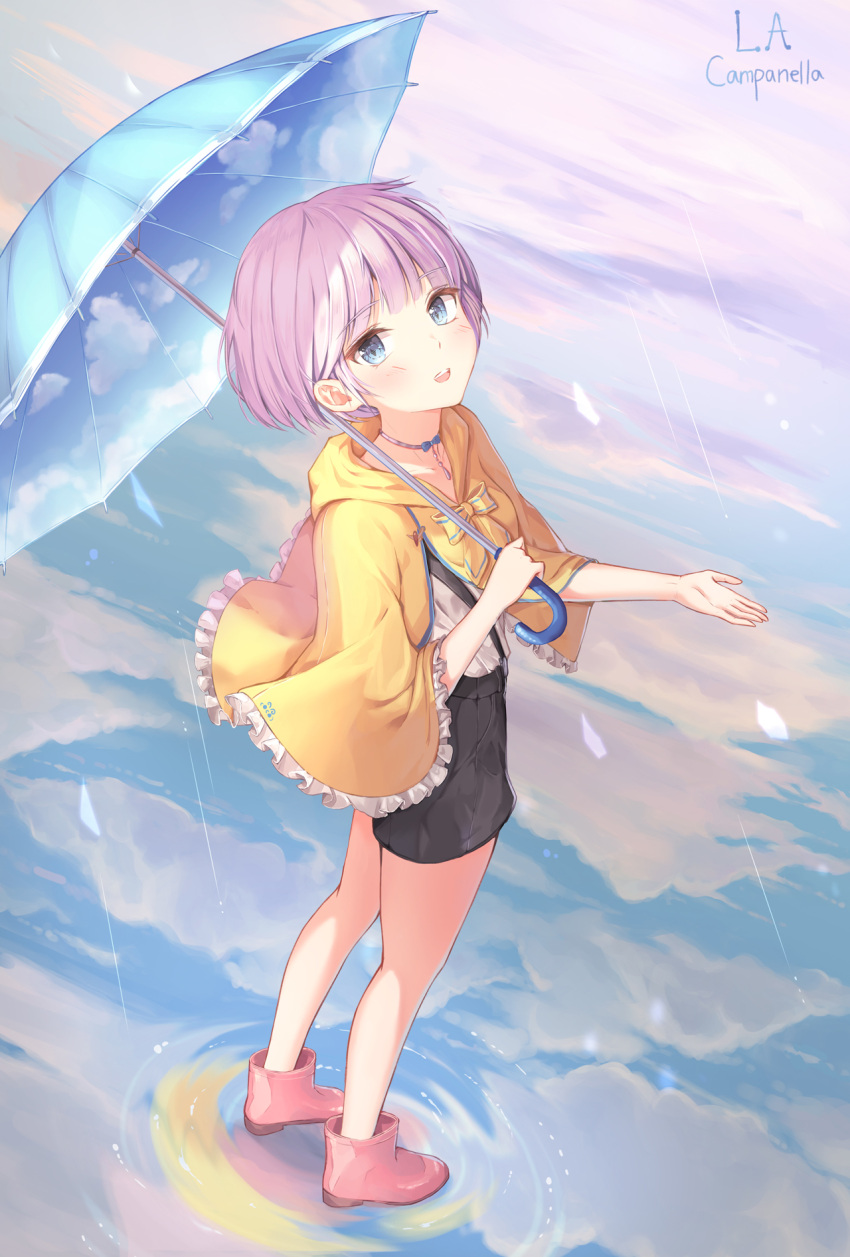 1girl artist_name bangs black_shorts blue_hair boots bow cape capelet clouds day eyebrows_visible_through_hair frilled_capelet frills full_body highres holding holding_umbrella jewelry la_campanella looking_at_viewer necklace open_mouth original parasol pink_footwear pink_hair rain short_hair shorts solo standing standing_on_liquid umbrella water_drop yellow_capelet