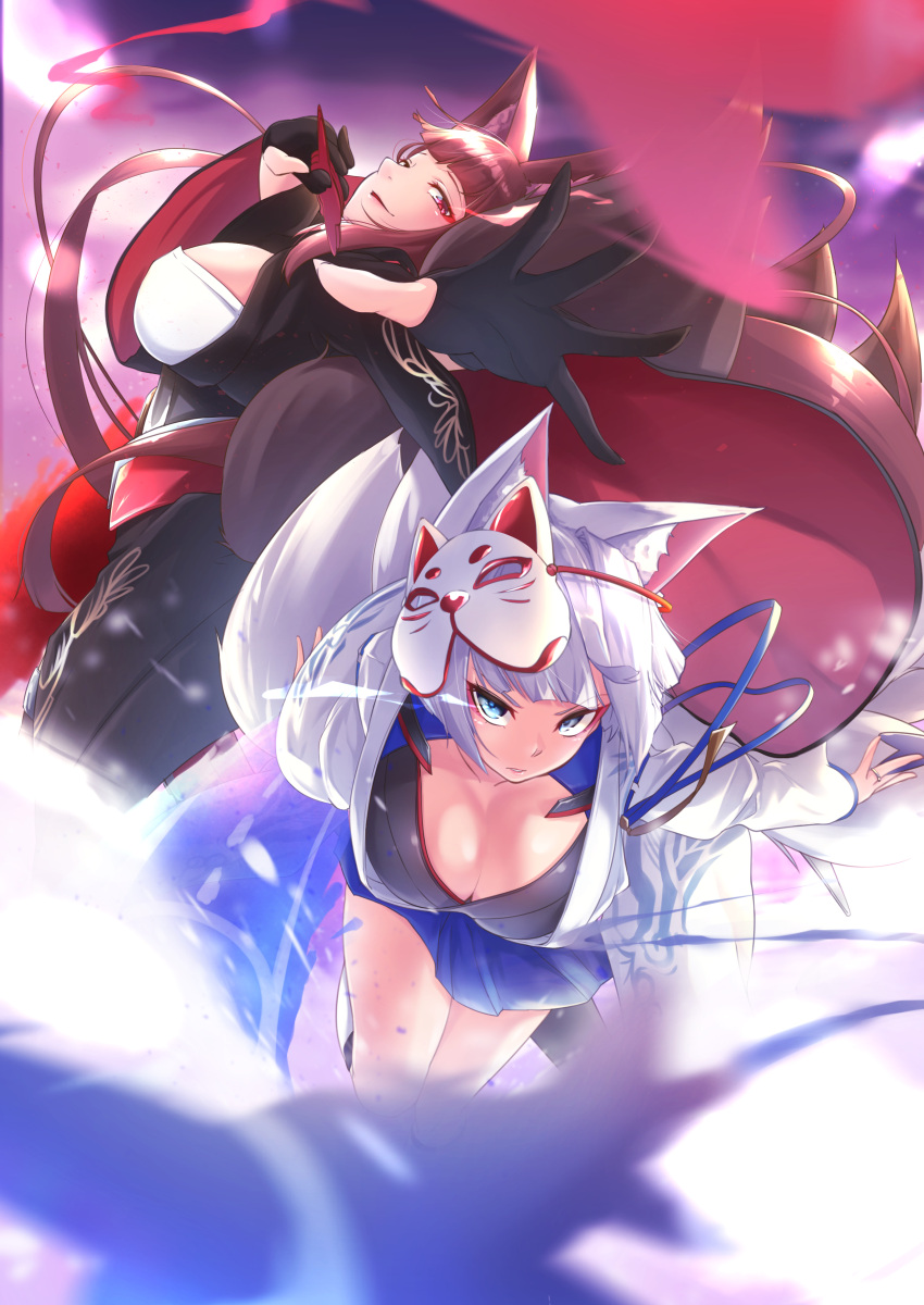 2girls absurdres akagi_(azur_lane) animal_ears azur_lane blue_eyes blurry breasts brown_hair cleavage depth_of_field fox_ears fox_mask fox_tail gloves grin highres kaga_(azur_lane) large_breasts long_hair looking_at_viewer looking_back mask multiple_girls multiple_tails outstretched_hand red_eyes silver_hair skirt smile tail takatun223
