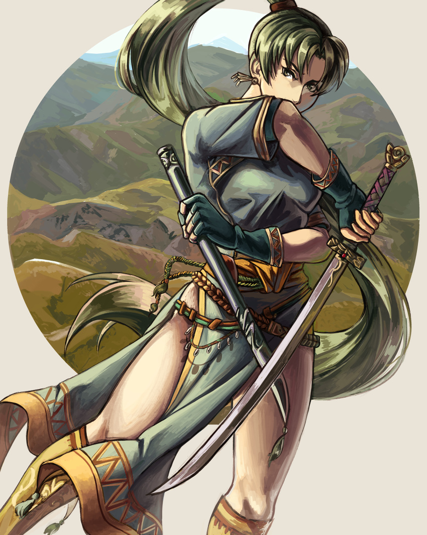 1girl absurdres bangs beads boots breasts dress earrings fingerless_gloves fire_emblem fire_emblem:_rekka_no_ken gloves green_eyes green_hair high_ponytail highres holding holding_sheath holding_sword holding_weapon jewelry large_breasts long_hair lyndis_(fire_emblem) mountain mountainous_horizon nayuun ponytail side_slit solo sword very_long_hair weapon