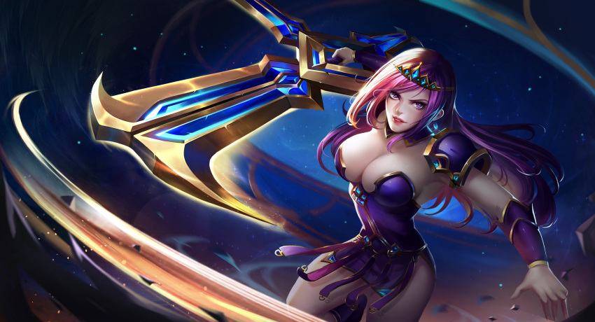 1girl bracer breasts chakram cleavage earrings highres jewelry large_breasts league_of_legends liuzexiong purple_hair sivir star starry_background tagme violet_eyes weapon