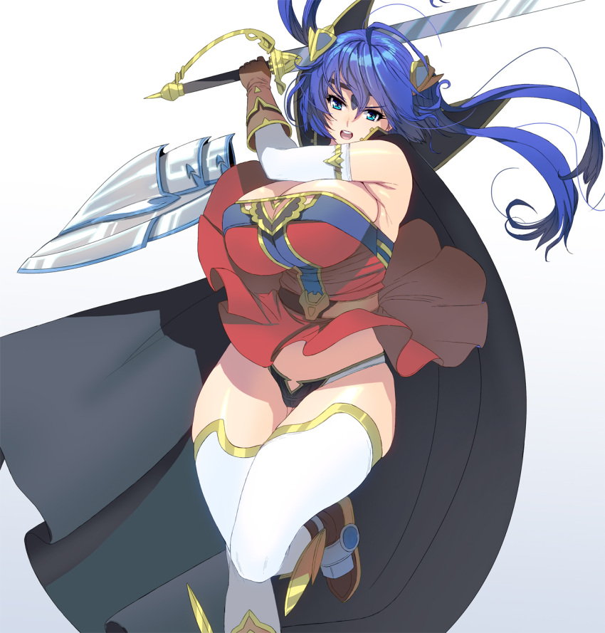 1girl bare_shoulders blue_eyes blue_hair breasts cape circlet cleavage gloves highres huge_breasts long_hair looking_at_viewer masao open_mouth original solo sword thick_thighs thigh-highs thighs weapon white_legwear