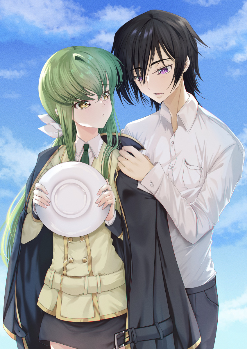 1boy 1girl absurdres backlighting black_hair black_jacket blazer blue_sky blush budgiepon c.c. casual closed_mouth code_geass collared_shirt commentary couple cowboy_shot day dress_shirt eye_contact frown green_hair green_necktie hair_between_eyes hair_ribbon hetero highres holding holding_plate jacket lelouch_vi_britannia long_hair long_sleeves looking_at_another necktie nose open_clothes open_jacket open_mouth outdoors plate ribbon school_uniform shirt short_hair sidelocks sky smile standing very_long_hair violet_eyes white_ribbon white_shirt yellow_eyes yellow_jacket