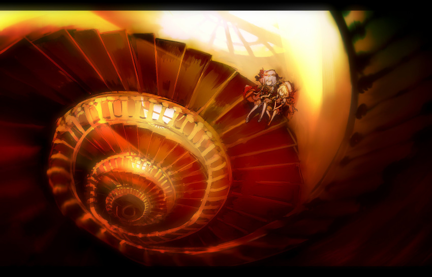 2girls blonde_hair blue_hair day flandre_scarlet foreshortening from_above highres letterboxed multiple_girls remilia_scarlet shadow siblings sisters sitting sitting_on_stairs skirt spiral_staircase stairs talking touhou wings yoshioka_yoshiko