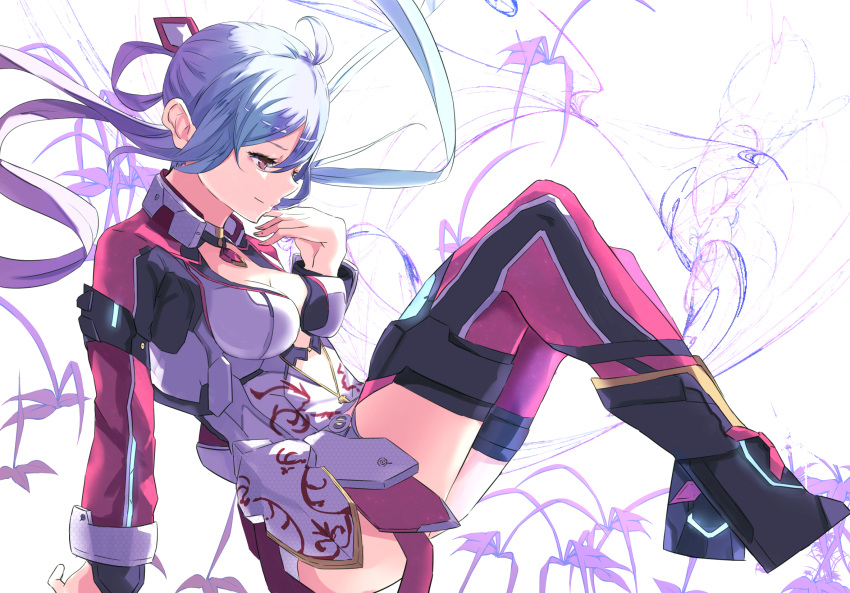 1girl ahoge blue_hair boots breasts brown_eyes cleavage eyebrows_visible_through_hair floating_hair from_side full_body highres long_hair medium_breasts partially_unzipped phantasy_star phantasy_star_online_2 silver smile solo thigh-highs thigh_boots tomas_(kaosu22) white_background