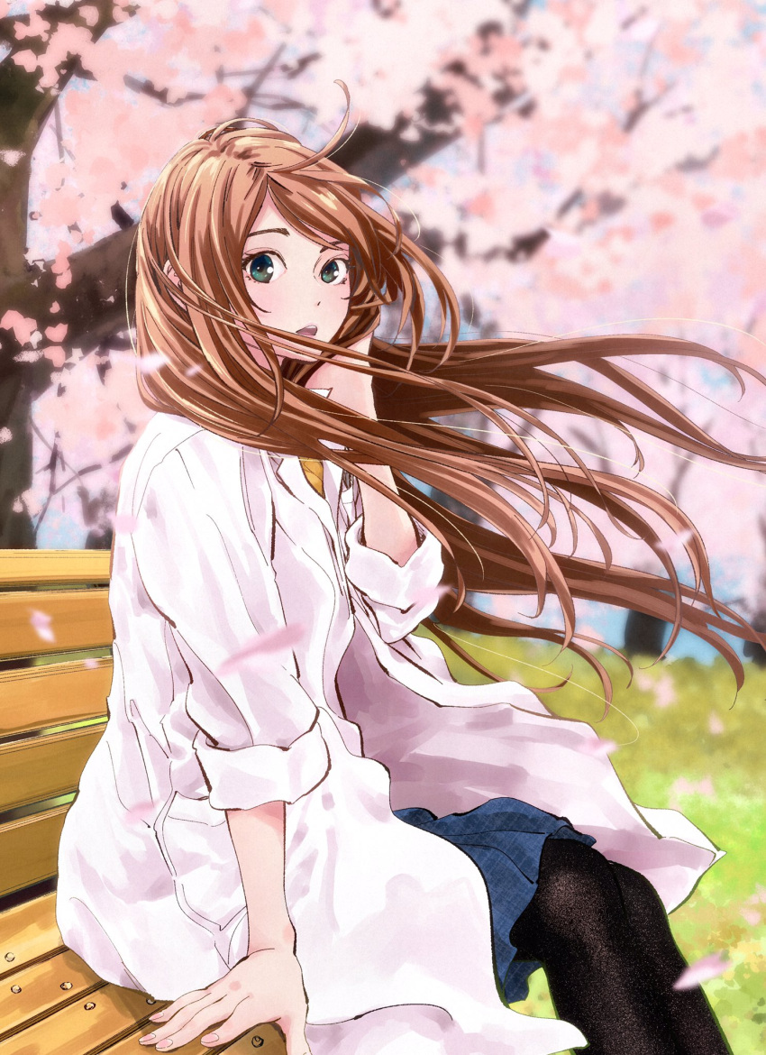 1girl amakasu_an bench blurry blurry_background brown_hair cherry_blossoms highres labcoat long_hair mori_taishi official_art pantyhose radiation_house wavy_hair