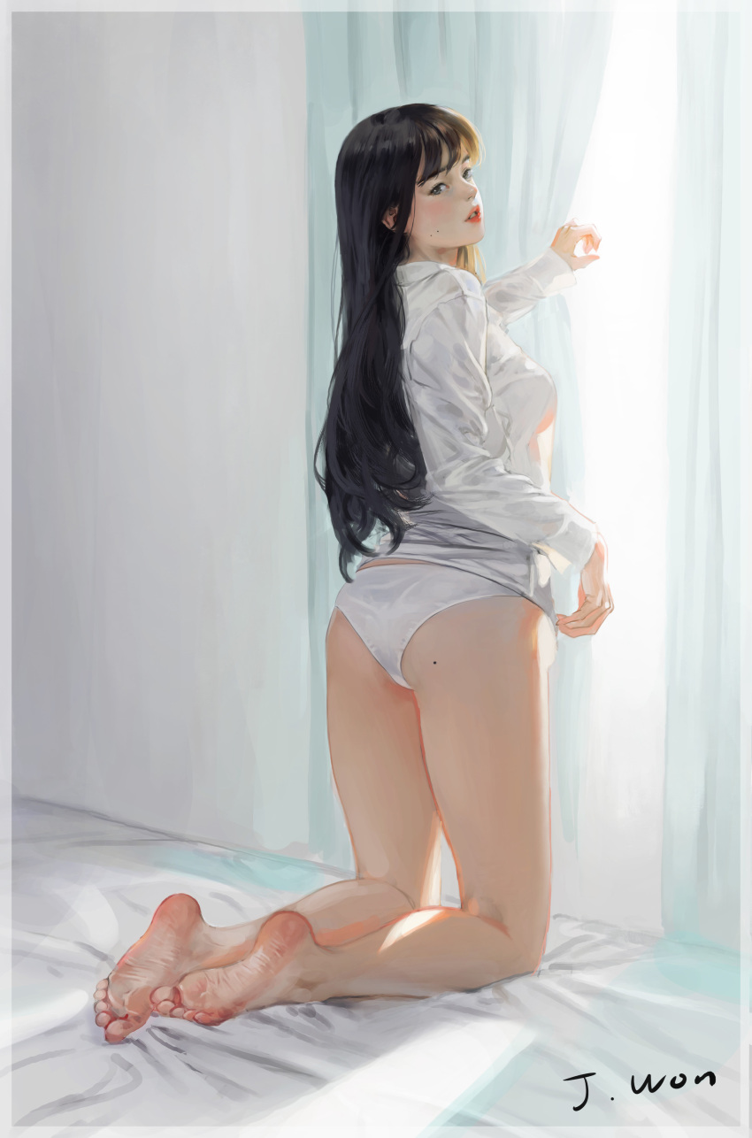 1girl absurdres artist_name ass bed_sheet black_eyes black_hair breasts curtains day from_side highres j._won_han kneeling legs_together long_sleeves looking_at_viewer medium_breasts mole mole_on_ass on_bed original panties parted_lips realistic red_lips see-through_silhouette shirt solo sunlight underwear white_panties white_shirt window