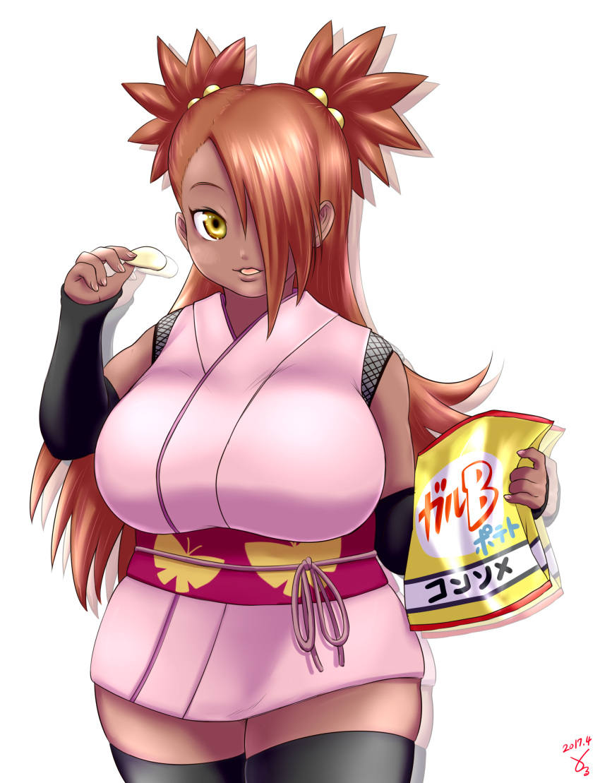 1girl absurdres akimichi_chouchou black_legwear blush boruto:_naruto_next_generations breasts brown_hair chips cowboy_shot dark_skin dated detached_sleeves food hair_over_one_eye highres japanese_clothes kimono large_breasts long_hair looking_at_viewer nail_polish naruto obi open_mouth pink_kimono pink_nails plump potato_chips sash short_kimono simple_background solo takamako thigh-highs twintails yellow_eyes zettai_ryouiki