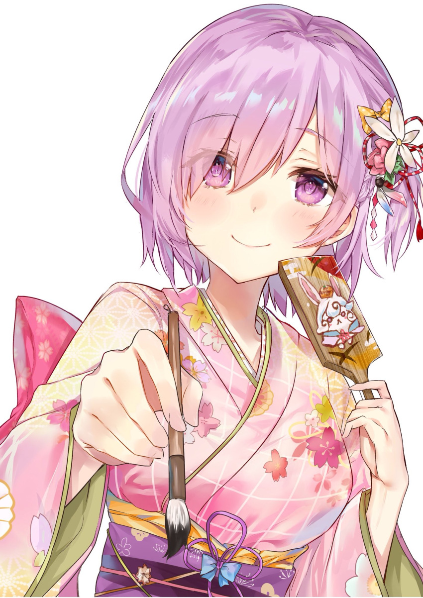 1girl blush breasts calligraphy_brush closed_mouth eyebrows_visible_through_hair eyes_visible_through_hair fate/grand_order fate_(series) floral_print flower hair_between_eyes hair_flower hair_ornament highres holding japanese_clothes kimono long_sleeves looking_at_viewer medium_breasts nanakagura obi paintbrush pink_kimono purple_hair sash shielder_(fate/grand_order) short_hair simple_background smile solo upper_body violet_eyes white_background wide_sleeves