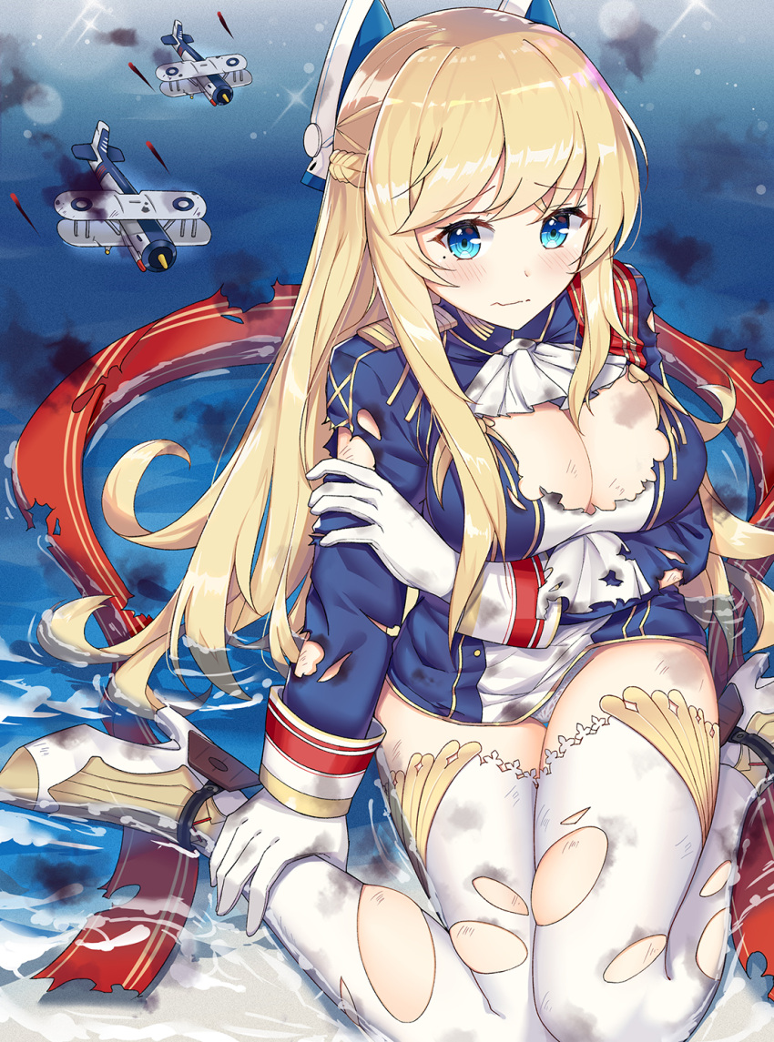 1girl aircraft airplane aly_(wei983999767) ascot azur_lane bangs beach biplane blonde_hair blue_eyes blue_jacket blush boots braid breasts character_request cleavage closed_mouth commentary_request eyebrows_visible_through_hair gloves high_heel_boots high_heels highres jacket large_breasts long_hair long_sleeves military_jacket ocean panties sitting smoke solo thigh-highs torn_clothes torn_jacket torn_thighhighs underwear very_long_hair wariza water wavy_mouth white_footwear white_gloves white_legwear white_neckwear white_panties
