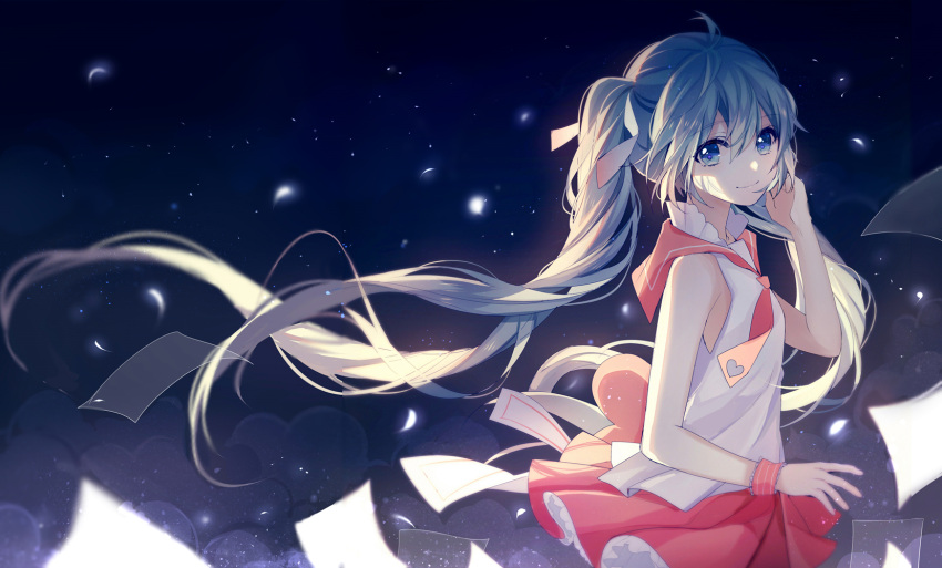1girl aqua_hair blue_eyes floating_hair from_side hatsune_miku highres lococo:p long_hair looking_at_viewer sailor_collar skirt solo twintails very_long_hair vocaloid