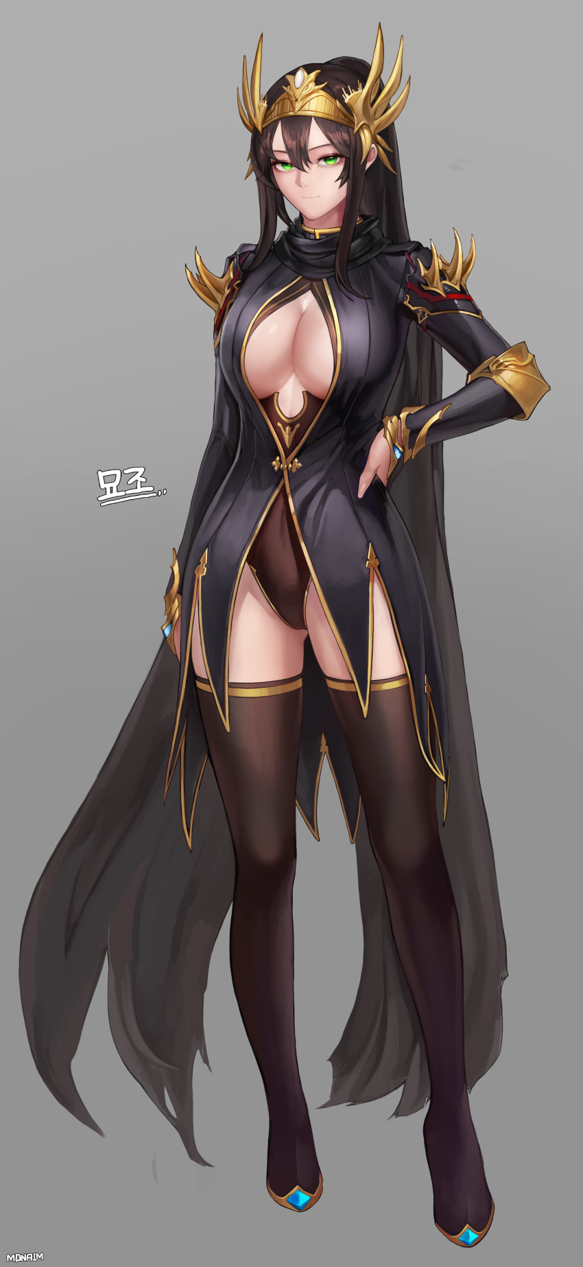 1girl :| absurdres armor black_cape black_dress boots bracer breasts brown_footwear brown_hair brown_leotard cape closed_mouth crown dress dungeon_and_fighter elbow_pads full_body gluteal_fold green_eyes grey_background hair_between_eyes hand_on_hip highres large_breasts leotard long_sleeves looking_at_viewer monaim ponytail signature solo standing thigh-highs thigh_boots