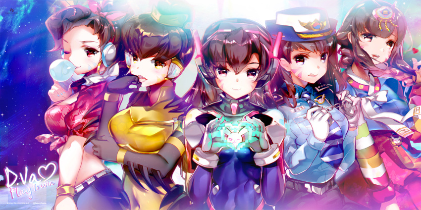 alternate_hairstyle b.va_(overwatch) brown_hair cruiser_d.va d.va_(overwatch) hair_bun headphones heco_(mama) licking_lips looking_at_viewer multiple_persona officer_d.va overwatch palanquin_d.va pilot_suit police police_uniform policewoman tongue tongue_out uniform whisker_markings