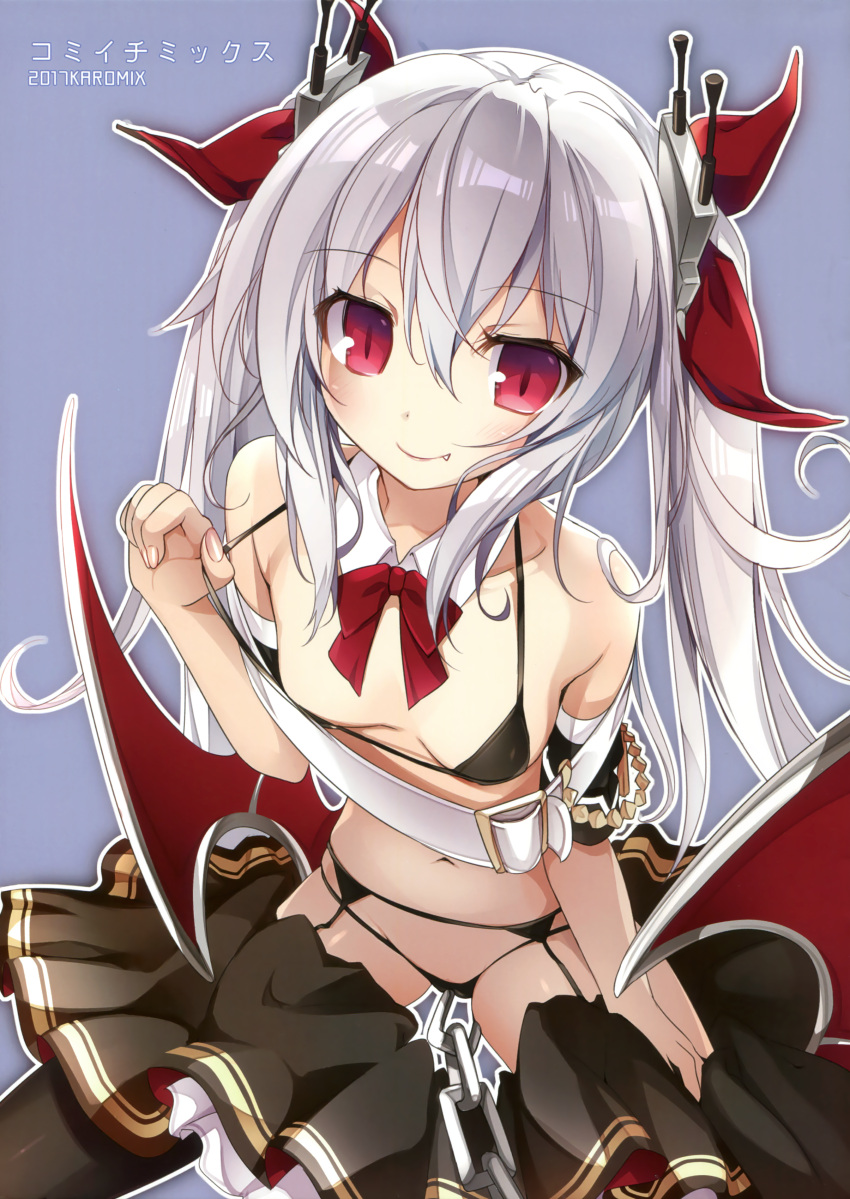 1girl absurdres aiguillette azur_lane bangs belt bikini bikini_pull black_bikini black_legwear black_skirt blush bow breasts closed_mouth cover cover_page doujin_cover eyebrows_visible_through_hair fang_out garter_belt hair_between_eyes hair_bow highres karory long_hair looking_at_viewer navel red_bow sidelocks silver_hair skirt slit_pupils small_breasts smile solo swimsuit thigh-highs turret twintails vampire_(azur_lane) violet_eyes