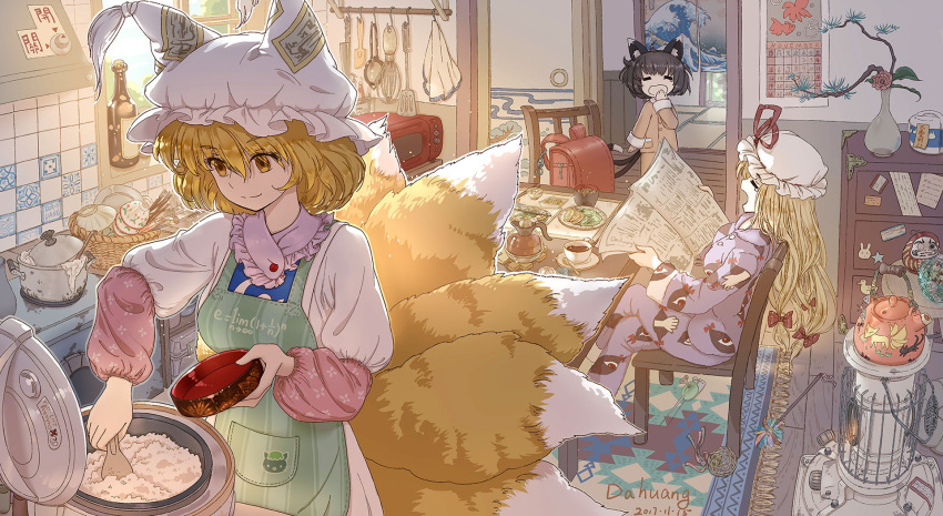 3girls ahoge animal_ears apron artist_name backpack bag black_hair blonde_hair bottle bow breakfast buttons calendar_(object) carpet cat_ears cat_tail cat_teaser chair chen chopsticks closed_eyes closed_mouth clothes_writing coffee_pot commentary_request cup dahuang daruma_doll dated dishes dress fox_tail hair_between_eyes hair_bow hat hat_ribbon highres indoors knife long_hair looking_down mob_cap mouse multiple_girls ofuda pajamas pillow_hat plant pot potted_plant randoseru red_bow red_ribbon ribbon rice rice_bowl rice_cooker saucer sitting sleepy smile spatula sticker stove tail teacup teapot tears touhou vase white_dress white_hat window yakumo_ran yakumo_yukari yawning yellow_eyes
