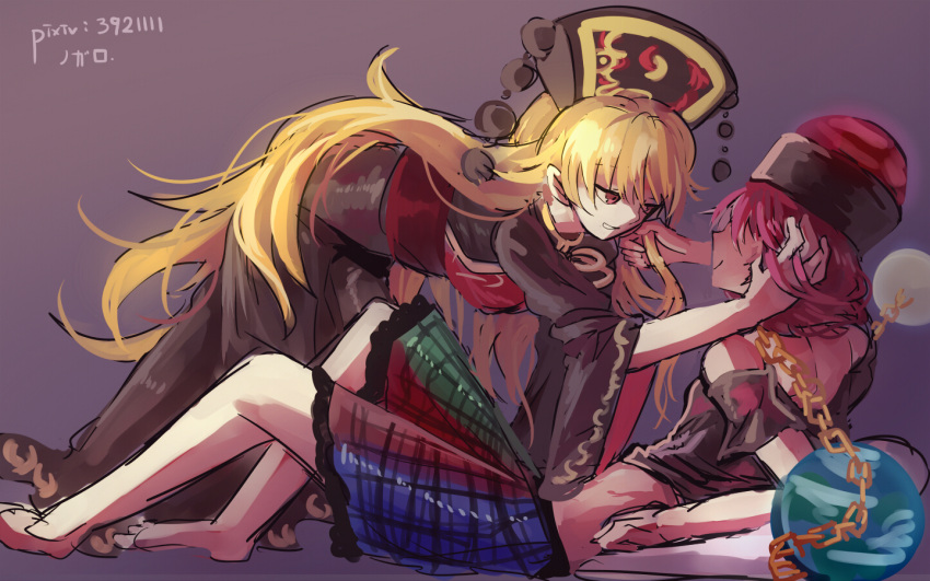2girls all_fours asuku_(69-1-31) barefoot black_dress black_shirt blonde_hair breasts chains chinese_clothes dress earth_(ornament) gold_chain grin hair_grab hand_in_another's_hair hecatia_lapislazuli junko_(touhou) legs long_hair long_sleeves looking_at_another lying medium_breasts moon_(ornament) multicolored multicolored_clothes multicolored_skirt multiple_girls obi off-shoulder_shirt on_back pixiv_id plaid plaid_skirt polos_crown redhead sash shiny shiny_hair shirt short_hair short_sleeves simple_background sketch skirt smile tassel touhou very_long_hair waist