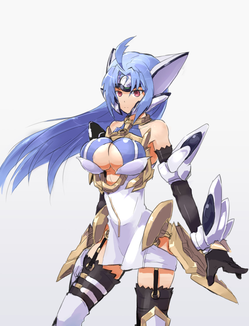 1girl ahoge android arm_guards bangs bare_shoulders black_gloves black_legwear blue_hair boots breasts cleavage cleavage_cutout closed_mouth depo_(typebaby505) dress elbow_gloves forehead_protector garter_straps gloves headgear highres hip_vent kos-mos kos-mos_ver._4 large_breasts long_hair red_eyes simple_background sleeveless sleeveless_dress solo standing thigh-highs thigh_boots white_dress xenosaga xenosaga_episode_iii