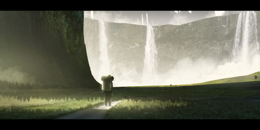 1girl absurdres asuteroid backpack bag cliff day facing_away fantasy from_behind grass highres letterboxed long_sleeves original outdoors pants path road scenery solo standing valley water waterfall
