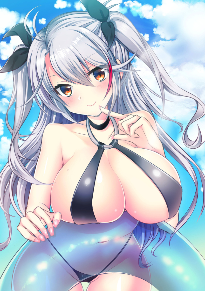 1girl azur_lane bikini black_neckwear black_ribbon blue_sky breasts choker closed_mouth clouds commentary_request day hair_ribbon highres huge_breasts long_hair looking_at_viewer navel niyasuke_(yama) orange_eyes prinz_eugen_(azur_lane) ribbon silver_hair sky smile solo swimsuit twintails