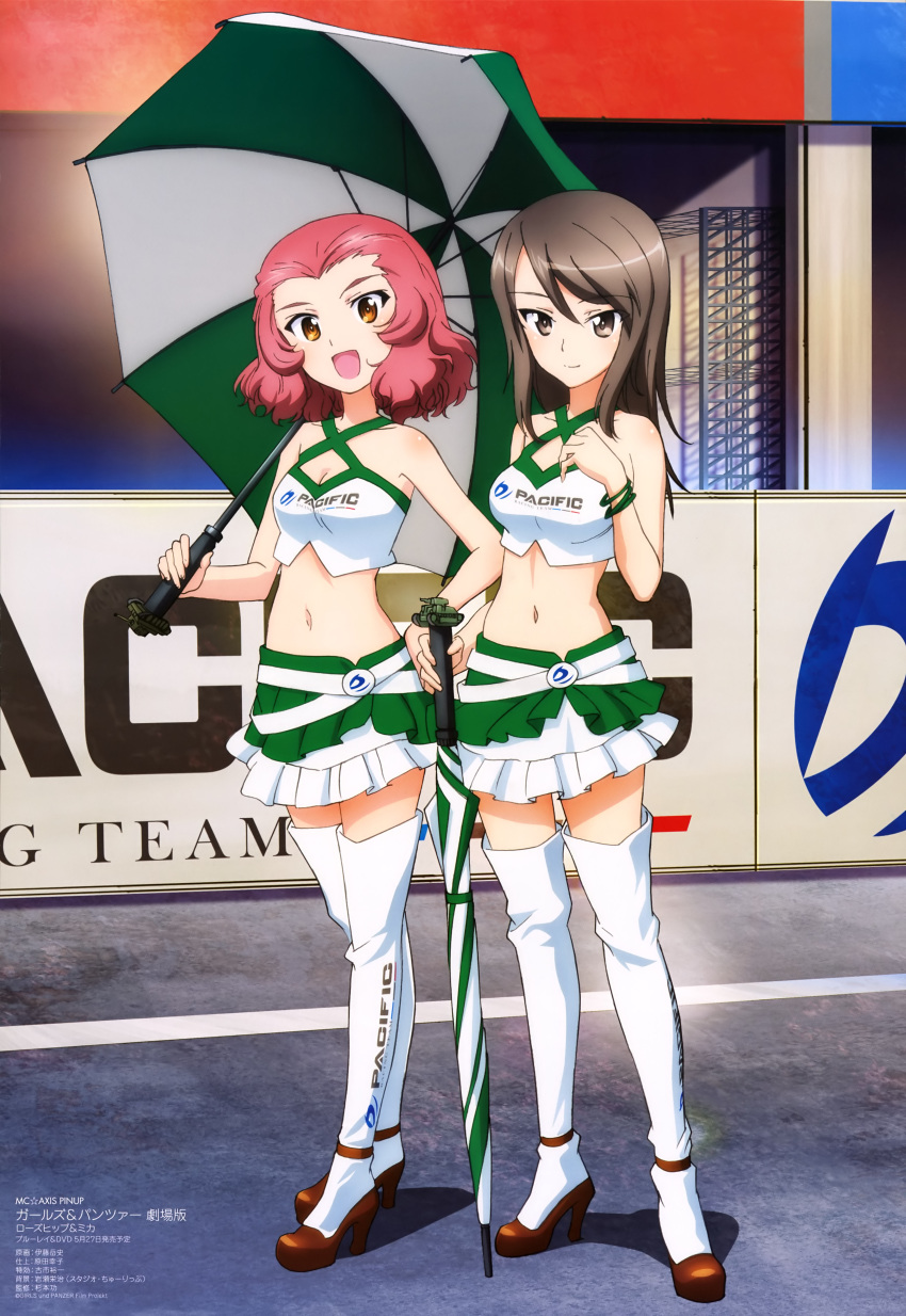 absurdres bangs boots bracelet breasts brown_eyes brown_hair cleavage crop_top eyebrows_visible_through_hair full_body girls_und_panzer green_skirt green_umbrella ground_vehicle hand_on_hip high_heel_boots high_heels highres holding itou_takeshi jewelry layered_skirt logo long_hair looking_at_viewer mc_axis medium_breasts midriff mika_(girls_und_panzer) military military_vehicle motor_vehicle navel official_art print_footwear racequeen redhead rosehip shirt short_hair skirt standing tank thigh-highs thigh_boots umbrella white_belt white_footwear white_shirt