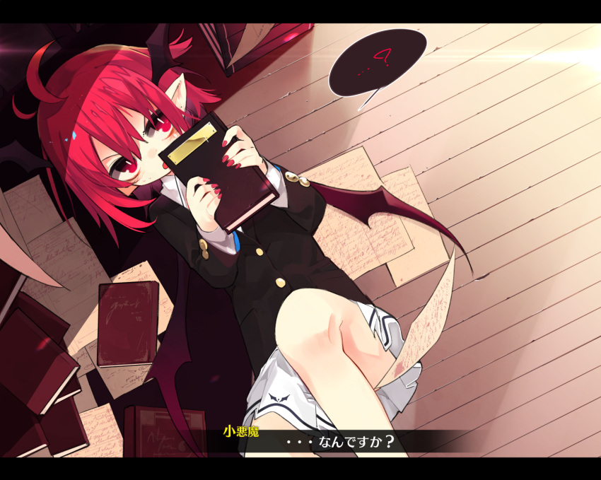 1girl ahoge aki_maki_yuu blazer book buttons commentary_request from_above hair_between_eyes head_wings highres holding holding_book jacket koakuma long_sleeves looking_at_viewer miniskirt nail_polish red_eyes red_nails redhead skirt solo touhou translation_request white_skirt wooden_floor